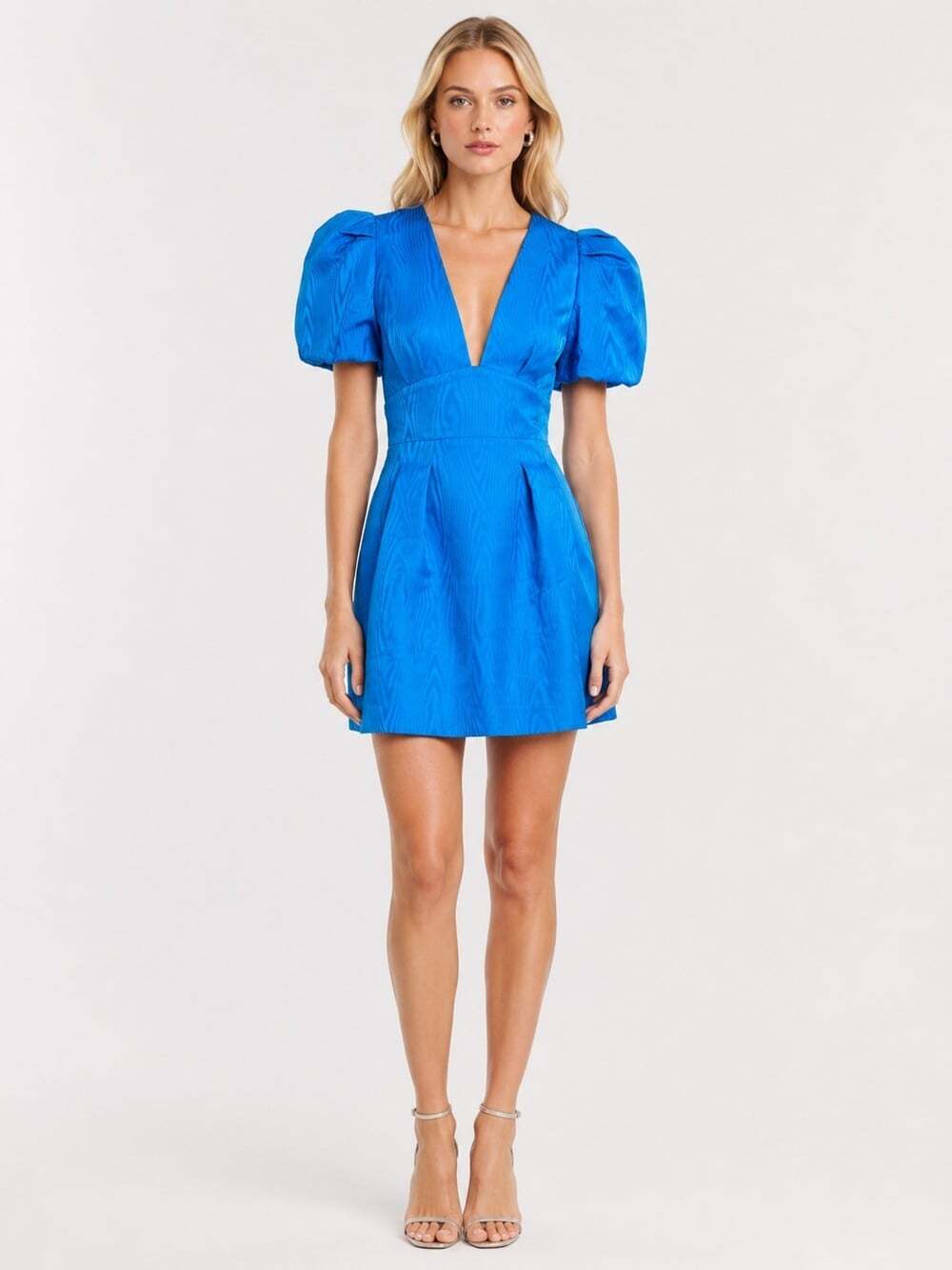 Rebecca Vallance Malone Moire Mini Dress Size US 10 Blue Puff Sleeve Cocktail